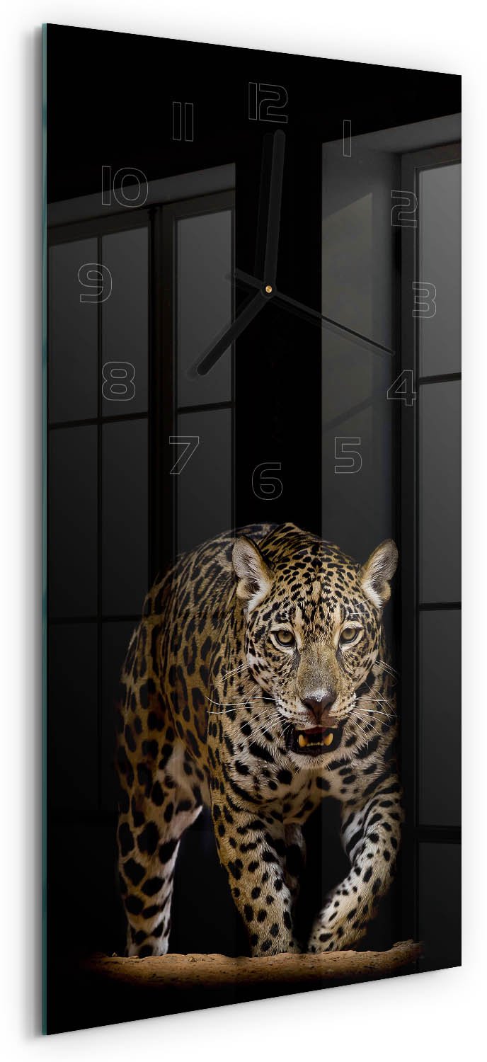 Tulup Wandklok - Jaguar Wandklok Glas Decoratie - 30x60 cm - Zwart Gekleurde Glazen Klok - Zwarte handen - Rechthoekige Klok - Klok Glas Met Opdruk - Moderne Wandklok Glas