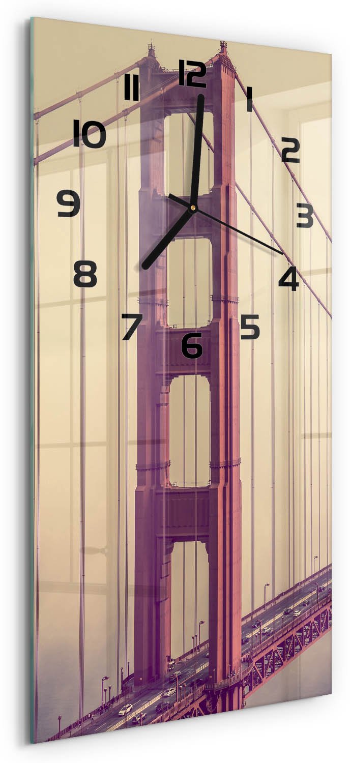 Tulup Wandklok - San Francisco-brug Klok Glas Met Opdruk - 30x60 cm - Rood Moderne Wandklok Glas - Zwarte handen - Rechthoekige Klok - Decoratieve Glazen Klok - Glazen Wandklok Design