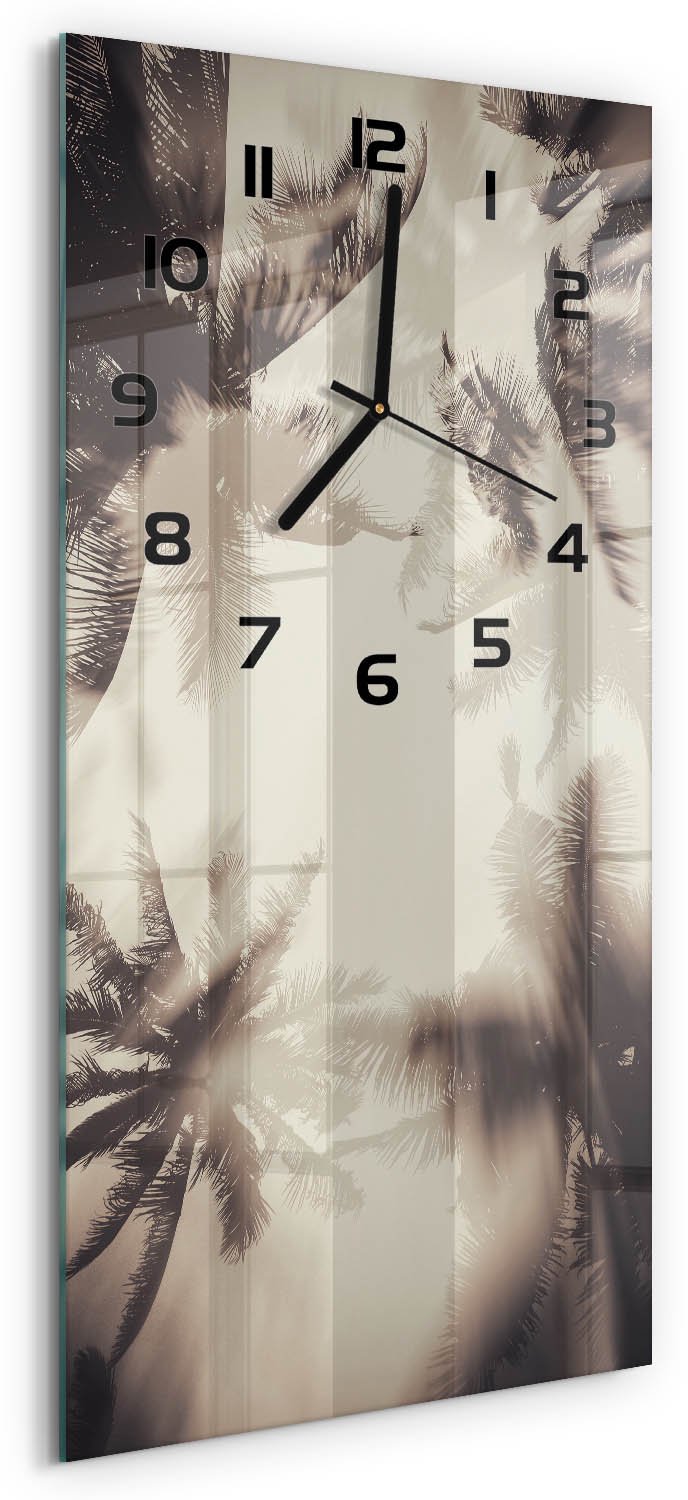Tulup Wandklok - Palmbomen Moderne Wandklok Glas - 30x60 cm - Beige Wandklok Glas Decoratie - Zwarte handen - Rechthoekige Klok - Glazen Wandklok Design - Klok Glas Met Opdruk