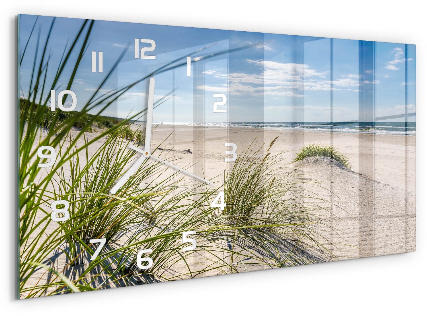 TULUP Wandklok - Mrzeżyno-strand Klok Glas Met Opdruk - 60x30 cm - Blauw Moderne Wandklok Glas - Witte handen - Rechthoekige Klok - Decoratieve Glazen Klok - Glazen Wandklok Design