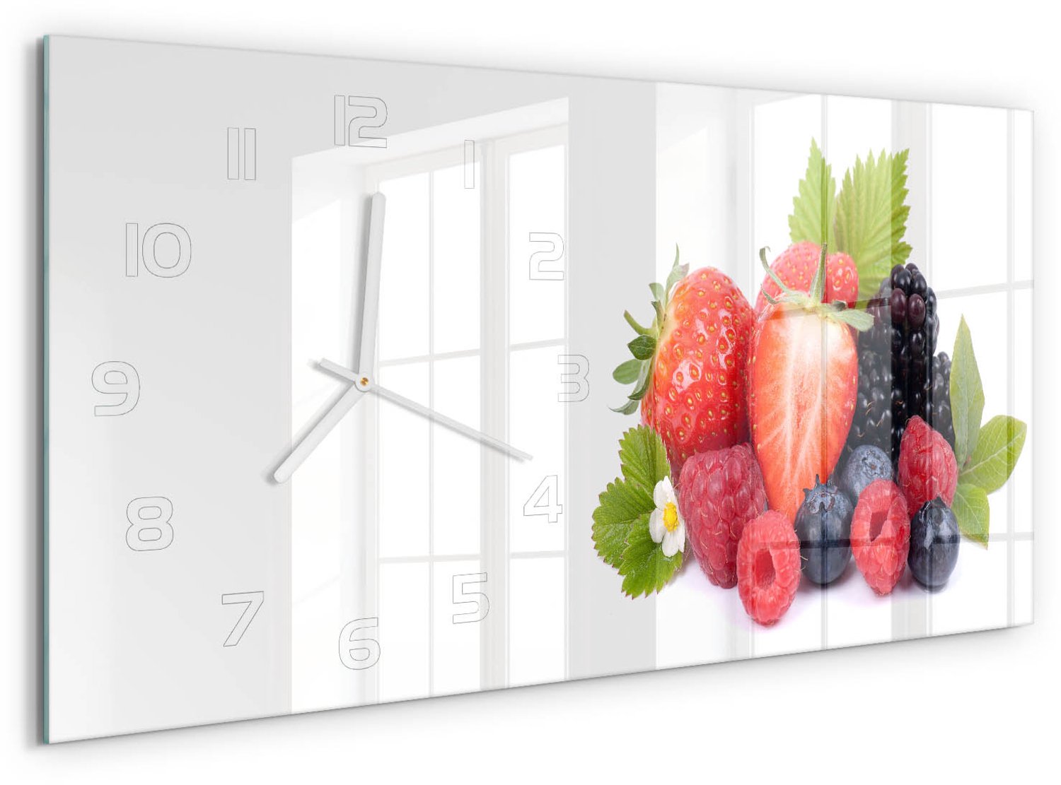 TULUP Wandklok - Bosvruchten Glazen Klok Met Print - 60x30 cm - Veelkleurig Wandklok Glas Met Motief - Witte handen - Rechthoekige Klok - Wandklok Glas Decoratie - Gekleurde Glazen Klok
