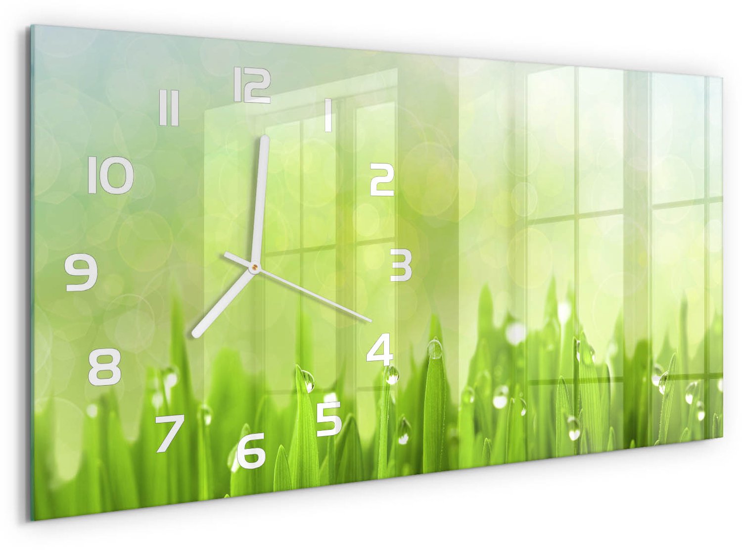 TULUP Wandklok - Gras Glazen Wandklok Design - 60x30 cm - Groente Klok Glas Met Opdruk - Witte handen - Rechthoekige Klok - Wandklok Glas Met Motief - Decoratieve Glazen Klok