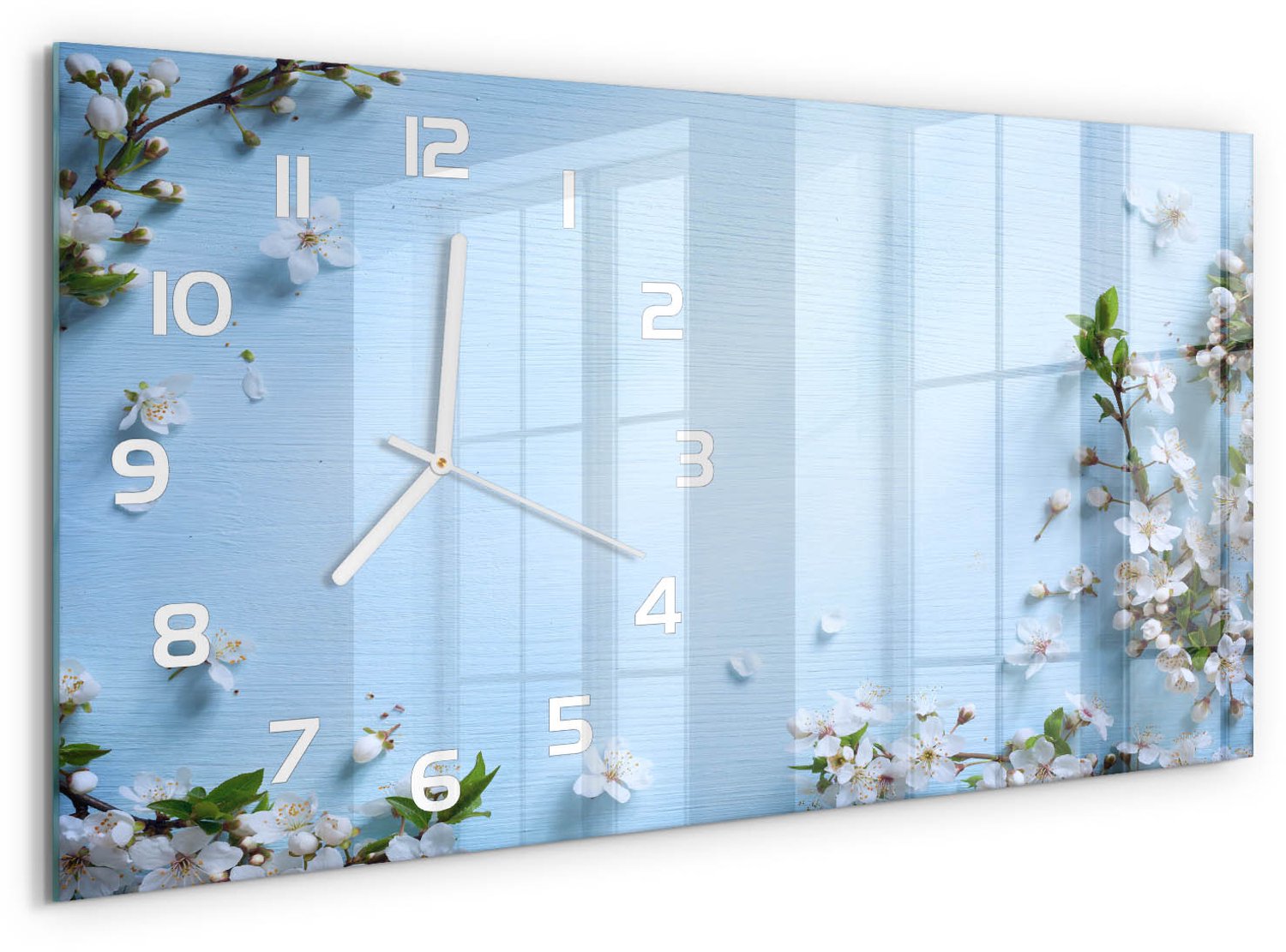 TULUP Wandklok - Achtergrond met kersenbloesem Wandklok Glas Decoratie - 60x30 cm - Blauw Gekleurde Glazen Klok - Witte handen - Rechthoekige Klok - Klok Glas Met Opdruk - Moderne Wandklok Glas
