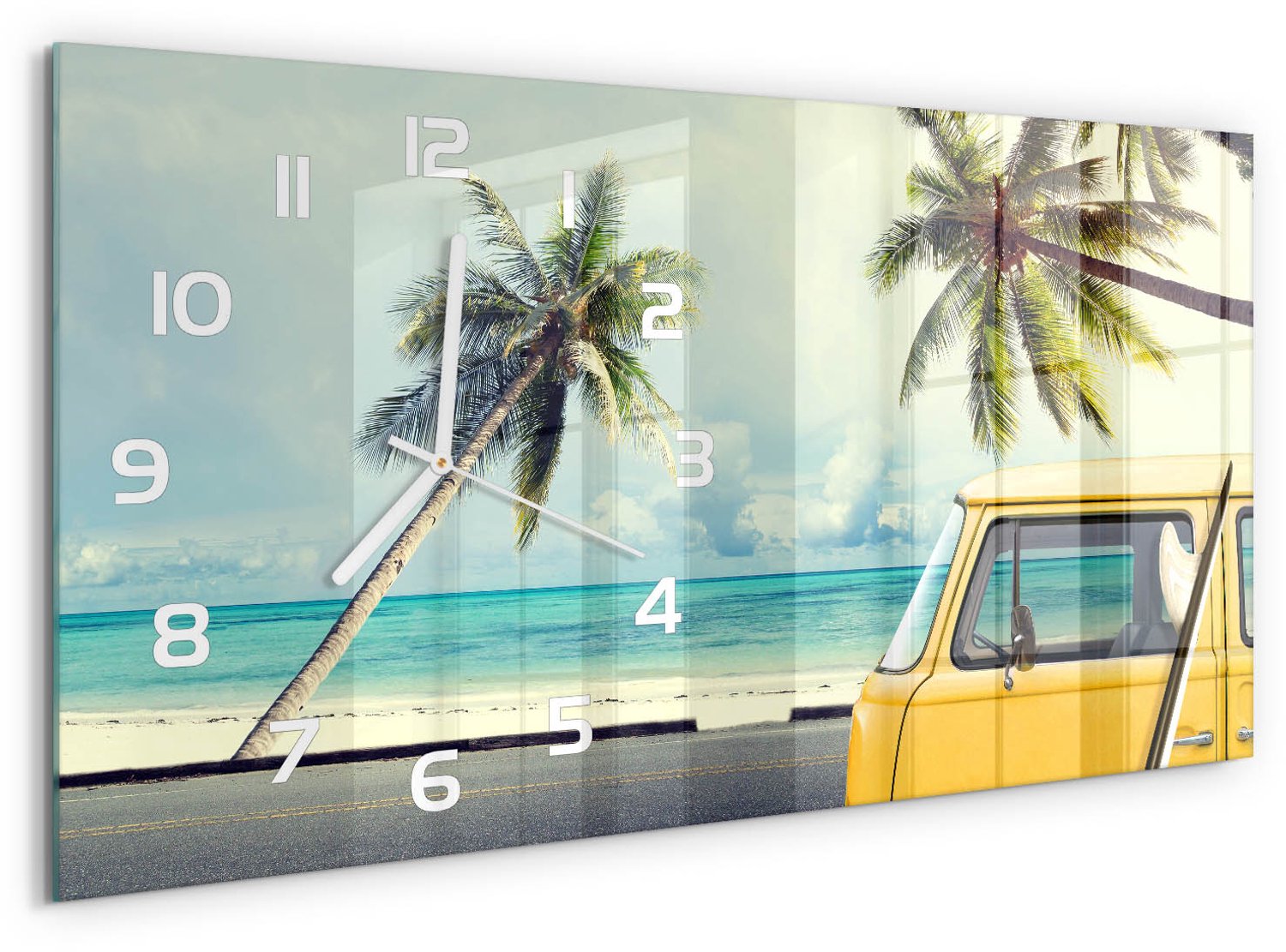 TULUP Wandklok - Van Beach Klok Glas Met Opdruk - 60x30 cm - Geel Moderne Wandklok Glas - Witte handen - Rechthoekige Klok - Decoratieve Glazen Klok - Glazen Wandklok Design
