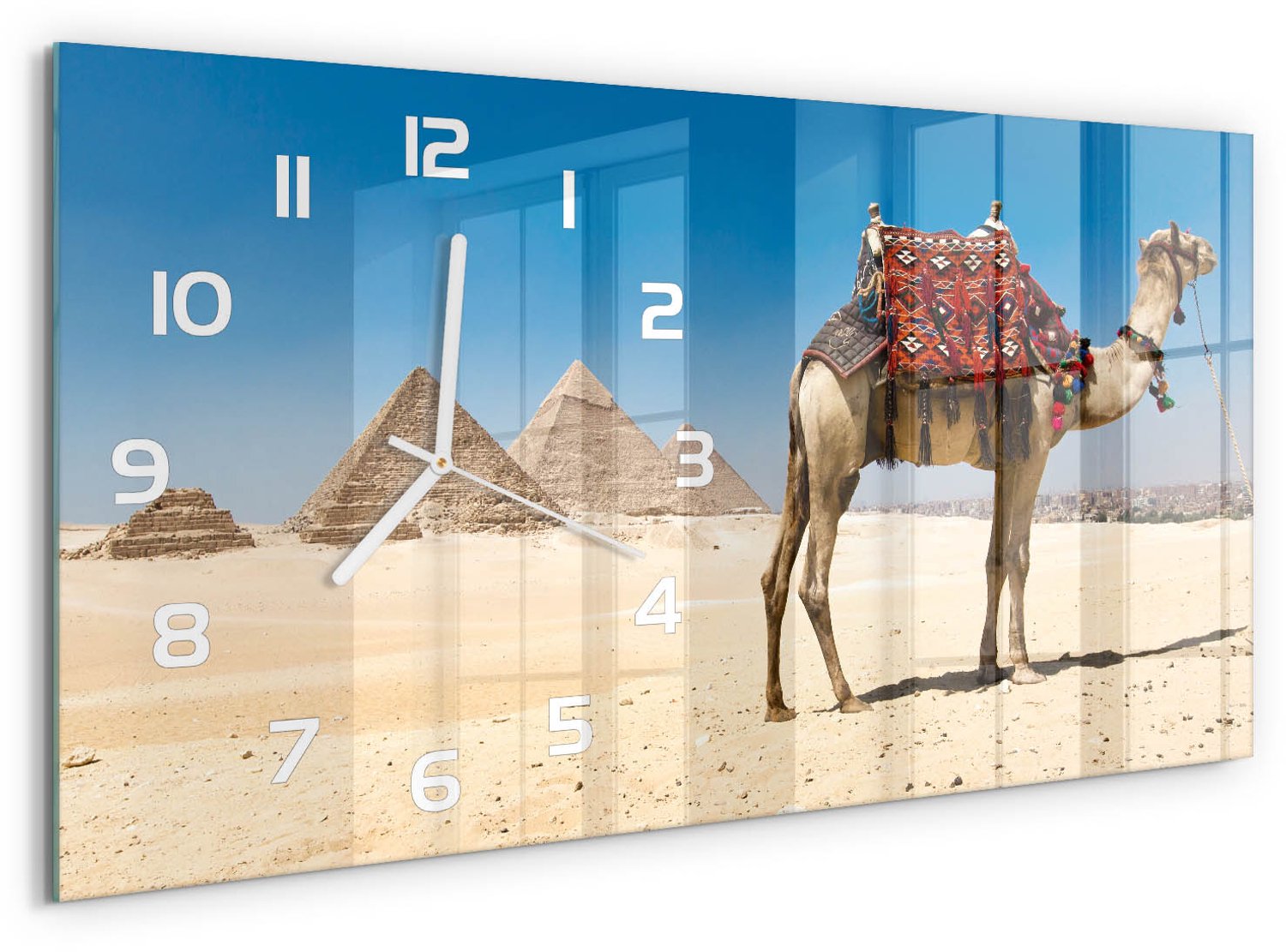 TULUP Wandklok - Kameel in Caïro Gekleurde Glazen Klok - 60x30 cm - Beige Glazen Klok Met Print - Witte handen - Rechthoekige Klok - Moderne Wandklok Glas - Wandklok Glas Decoratie