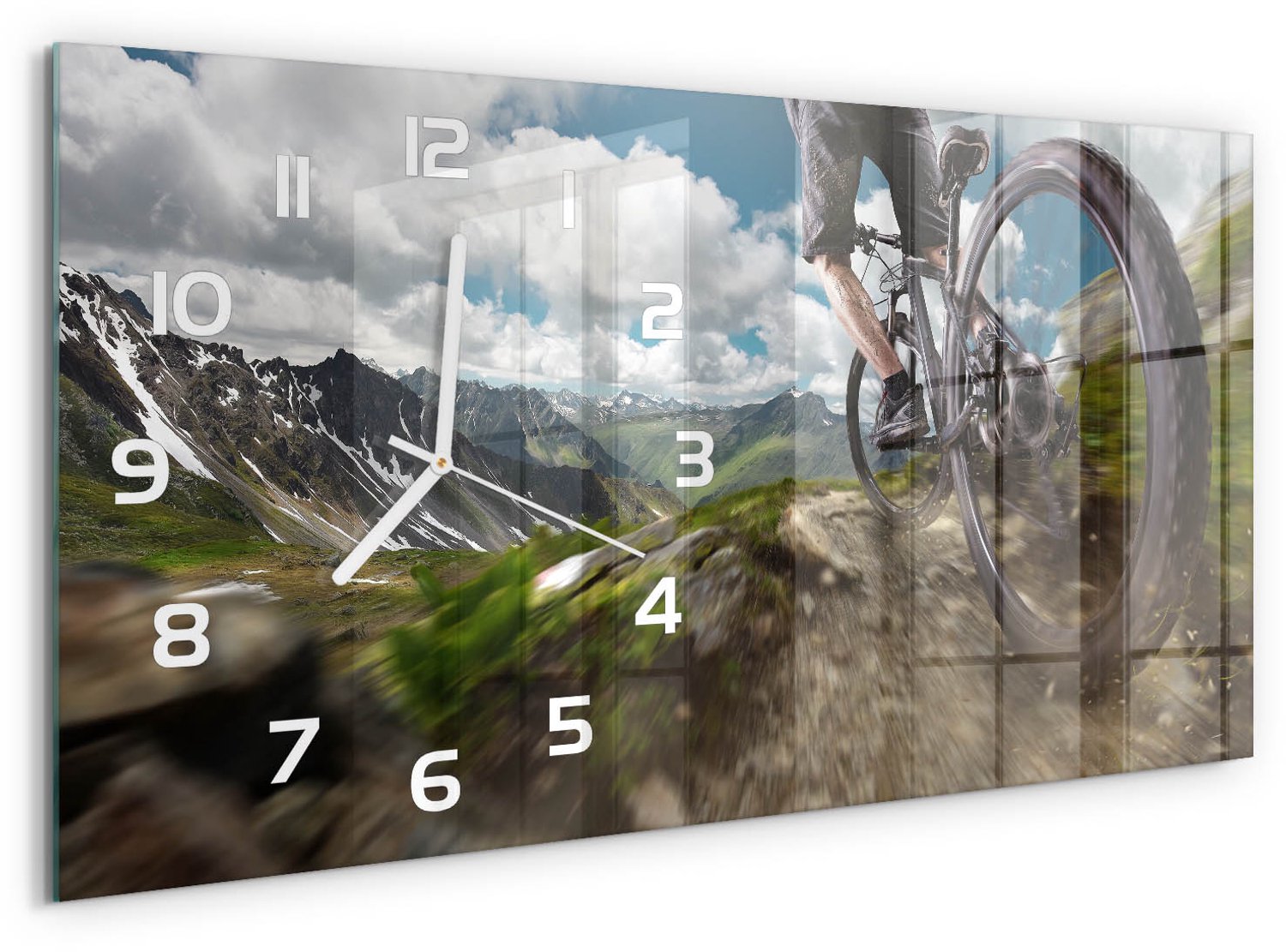 TULUP Wandklok - Mountainbiken Glazen Klok Met Print - 60x30 cm - Groente Wandklok Glas Met Motief - Witte handen - Rechthoekige Klok - Wandklok Glas Decoratie - Gekleurde Glazen Klok