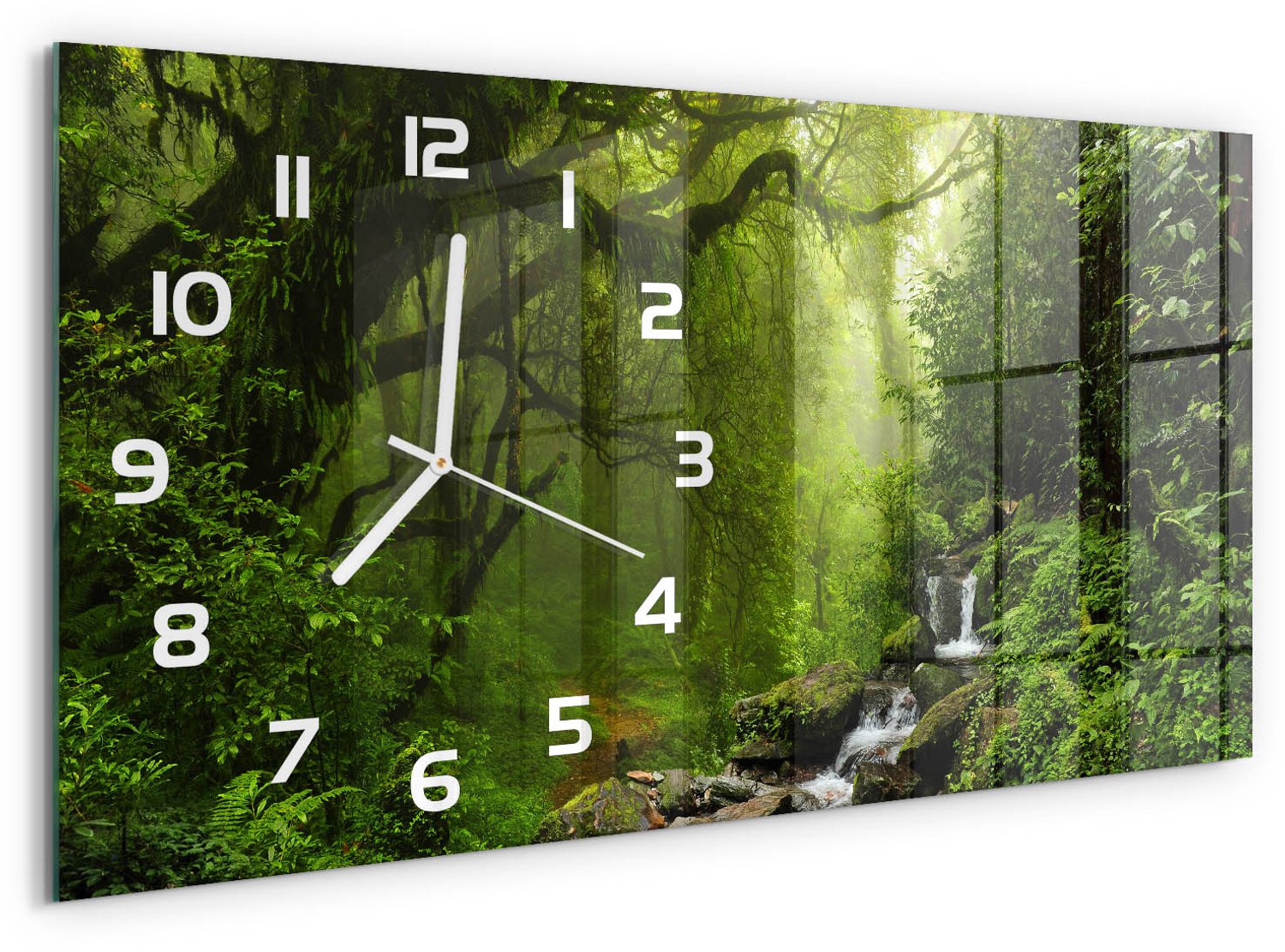 TULUP Wandklok - Oerwoud in Nepal Klok Glas Met Opdruk - 60x30 cm - Groente Moderne Wandklok Glas - Witte handen - Rechthoekige Klok - Decoratieve Glazen Klok - Glazen Wandklok Design
