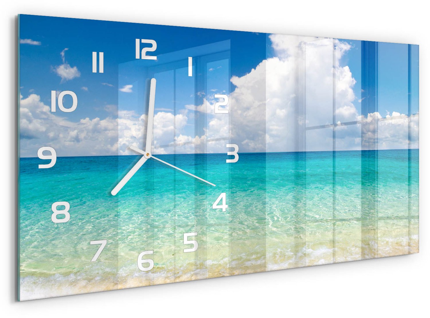 TULUP Wandklok - Paradijsstrand Gekleurde Glazen Klok - 60x30 cm - Blauw Glazen Klok Met Print - Witte handen - Rechthoekige Klok - Moderne Wandklok Glas - Wandklok Glas Decoratie