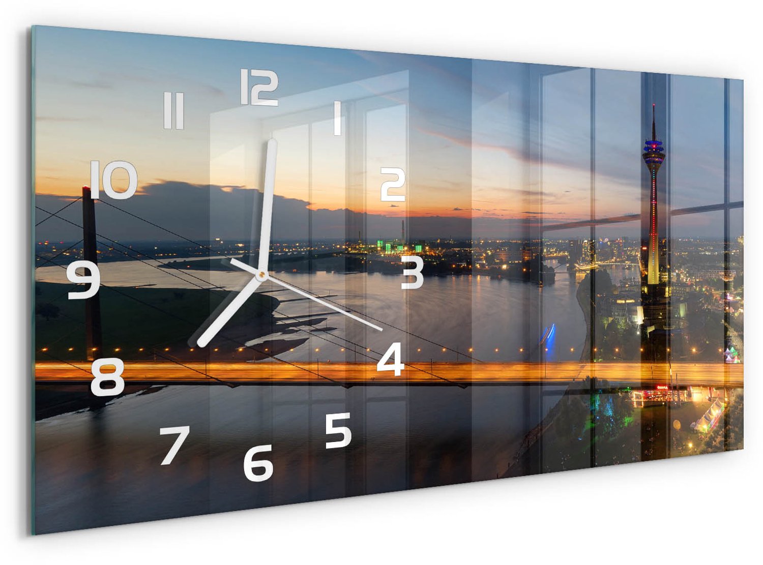 TULUP Wandklok - Düsseldorf, Duitsland Gekleurde Glazen Klok - 60x30 cm - Geel Glazen Klok Met Print - Witte handen - Rechthoekige Klok - Moderne Wandklok Glas - Wandklok Glas Decoratie