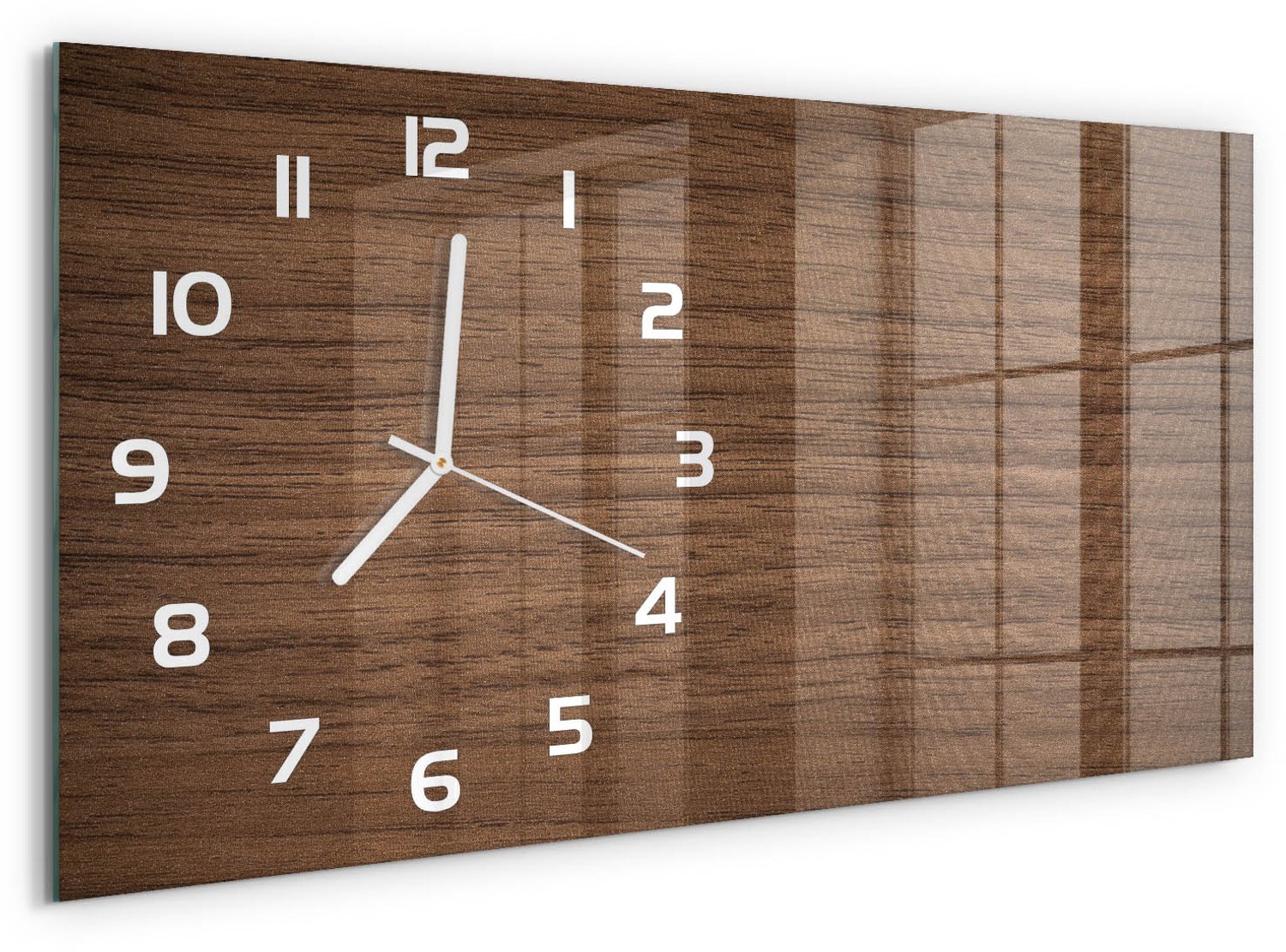 TULUP Wandklok - Houten achtergrond Decoratieve Glazen Klok - 60x30 cm - Bruin Glazen Wandklok Design - Witte handen - Rechthoekige Klok - Glazen Klok Met Print - Wandklok Glas Met Motief