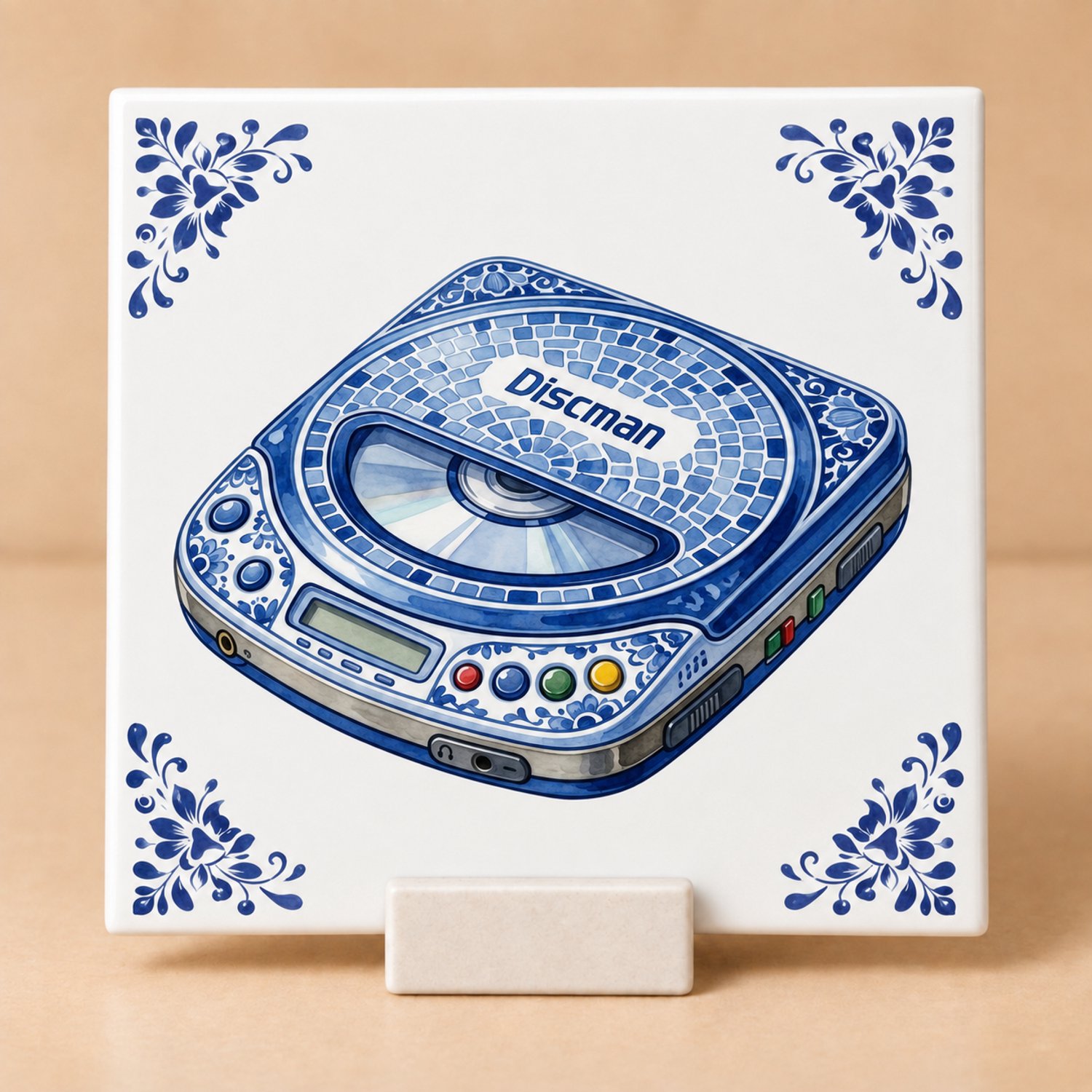 Bedruk King Delftsblauw Tegeltje 11x11 Discman met Houdertje – Cadeau voor Muziekliefhebber of Jaren 90 Fan Wit