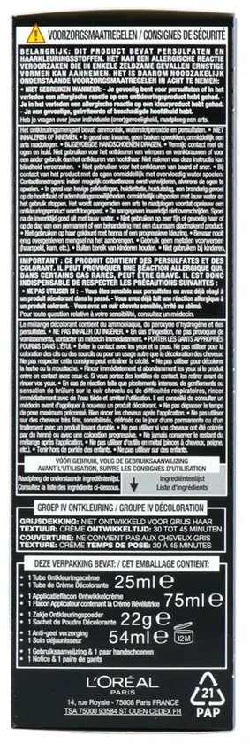 Achterkant van L'Oréal Paris Préférence Le Blonding doos met ingrediënten en instructies.