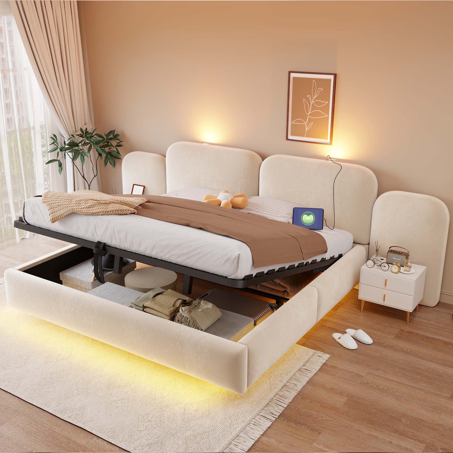 Merax 180x200 cm gestoffeerd bed - met opbergruimte - LED-verlichting - met oplaadpoort - groot hoofdeinde - beige - zonder matras