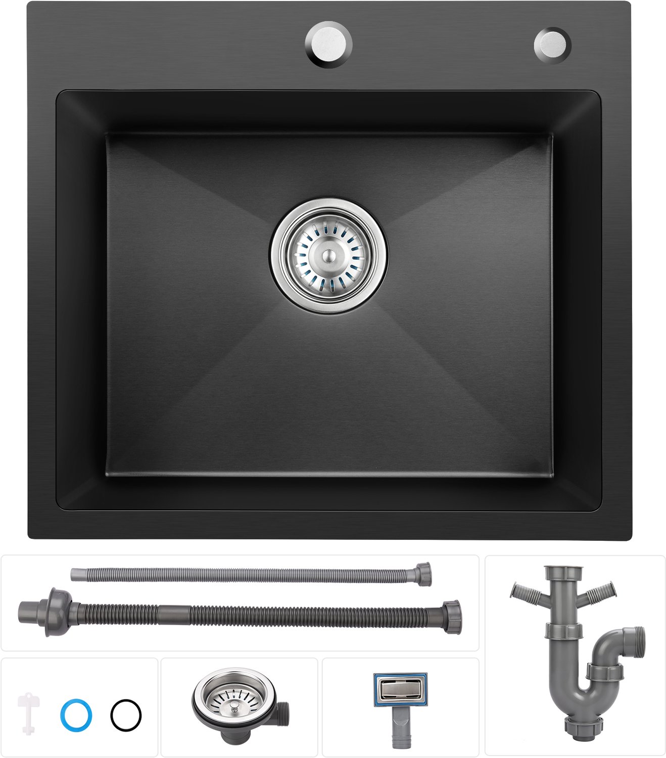 LOVHAUS Spoelbak Keuken RVS 50x45 cm - Enkele Spoelbak - Antraciet - 2 Kraangaten - Met Overloop