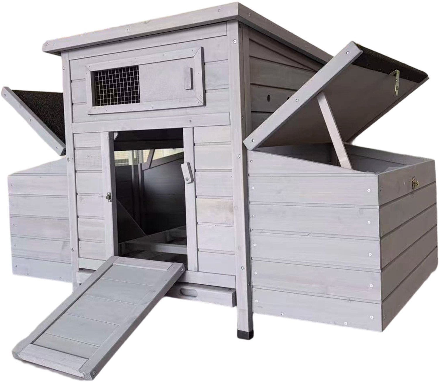 Groot houten kippenhok voor buiten - Met legnesten aan beide zijden - Dubbele ventilatie en afsluitbare deur - Grijs - 119 x 67,7 x 76,5 cm