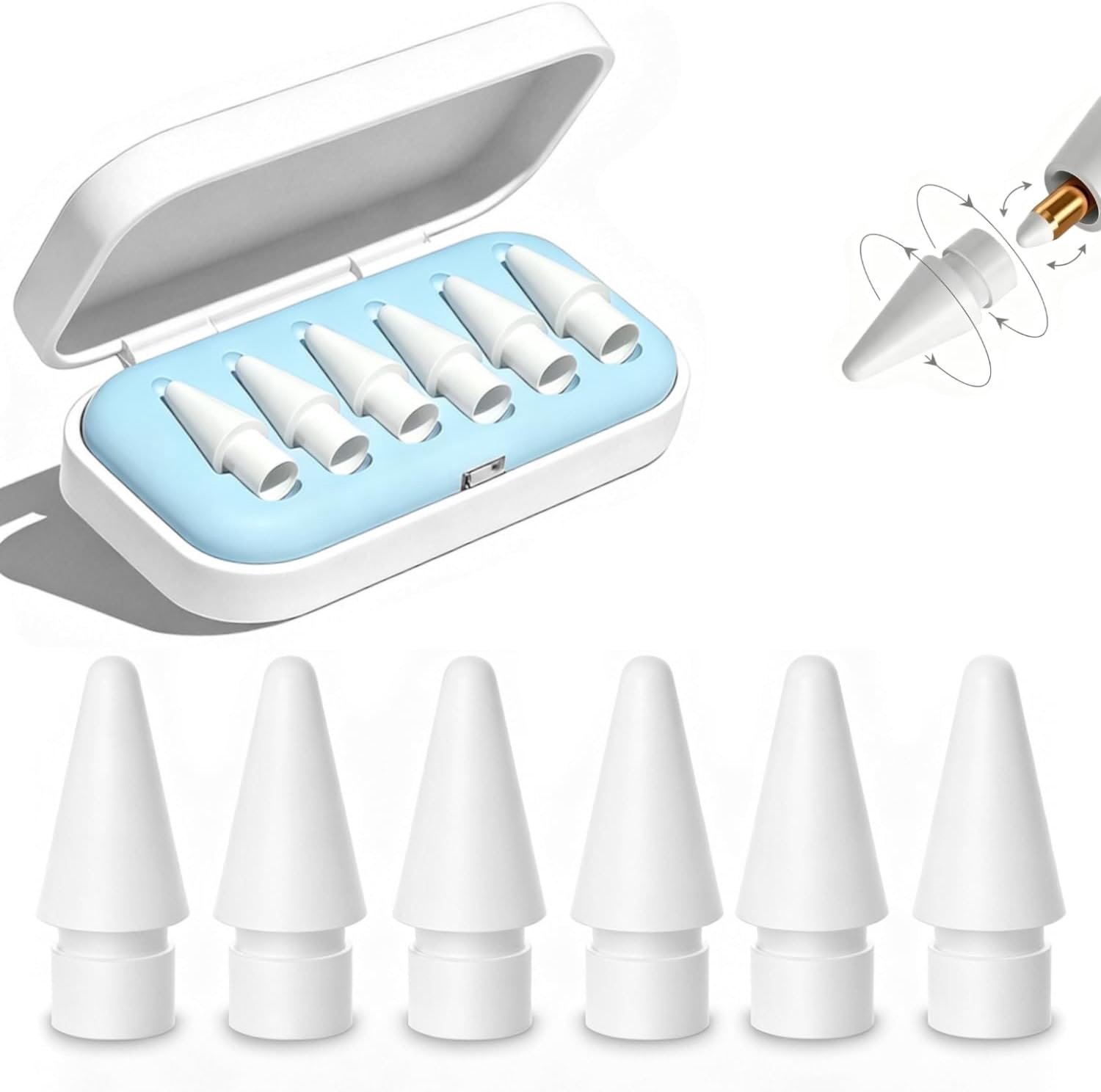 6 stuks compatibele tips voor Apple Pencil 2e Generatie/1e Generatie/Pro/USB-C, zeer gevoelige reservepunten met nauwkeurige bediening, geschikt voor iPad Pencil, incl. opbergdoos (wit)