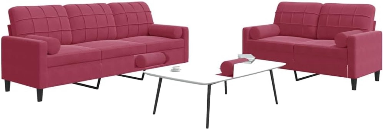 2-delige bankset met kussen en nekrollen in wijnrood fluweel, zachte velours bank met metalen frame voor woonkamer, comfort en duurzaamheid, moderne gestoffeerde set
