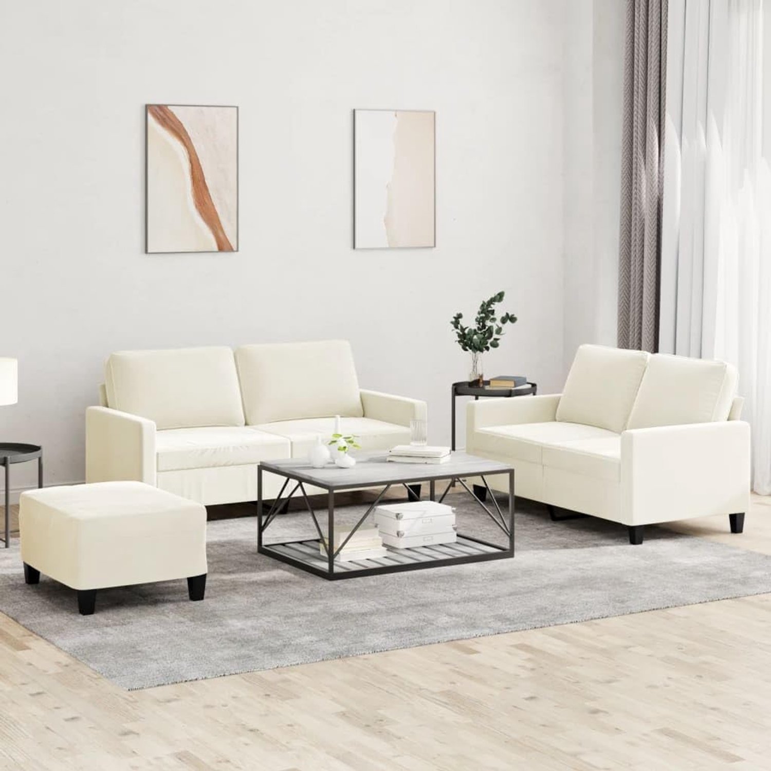 3-delige bankset met kussen, crème fluweel, zachte velours bekleding voor woonkamer, robuust metalen frame en veelzijdige kruk, comfortabele zitgroep met stabiliteit