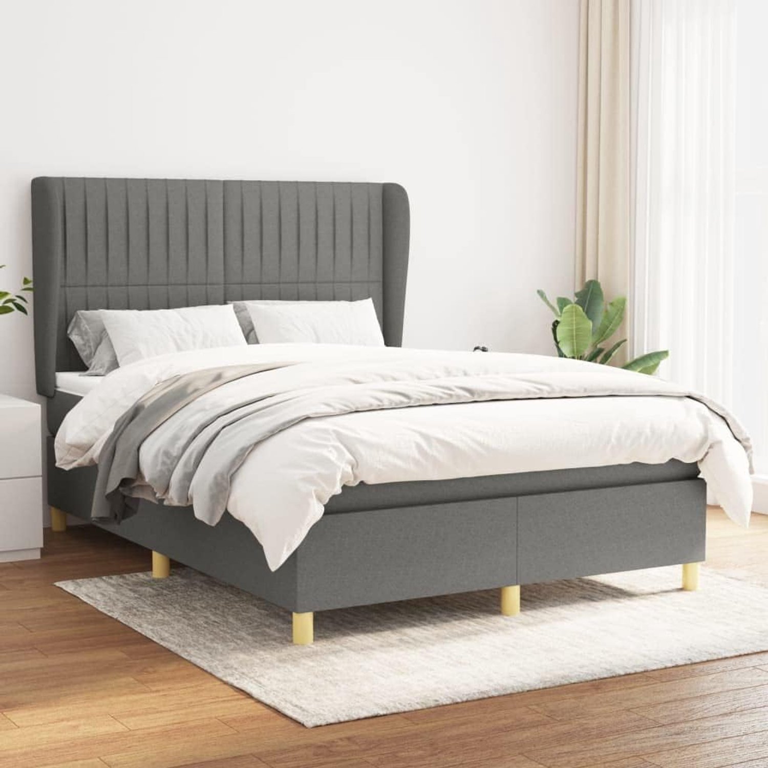 Boxspring met matras stof donkergrijs 140x190 cm verstelbaar hoofdbord pocketvering matras comfortabel slapen medium hard