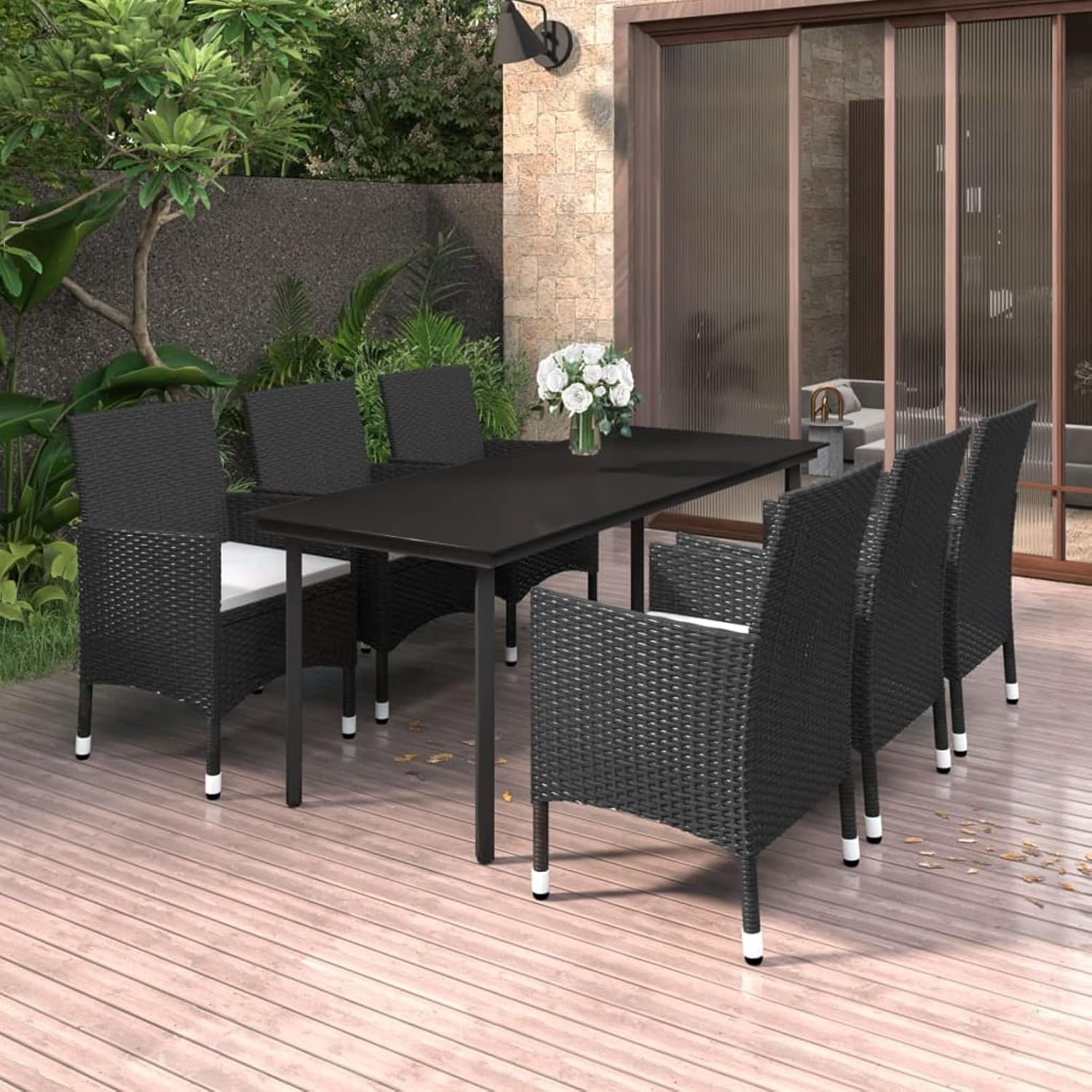7-delige tuin-lunchset en kussens van polyrotan en glas, eetkamerset voor de tuin, tuinmeubelen, outdoorset voor de tuin