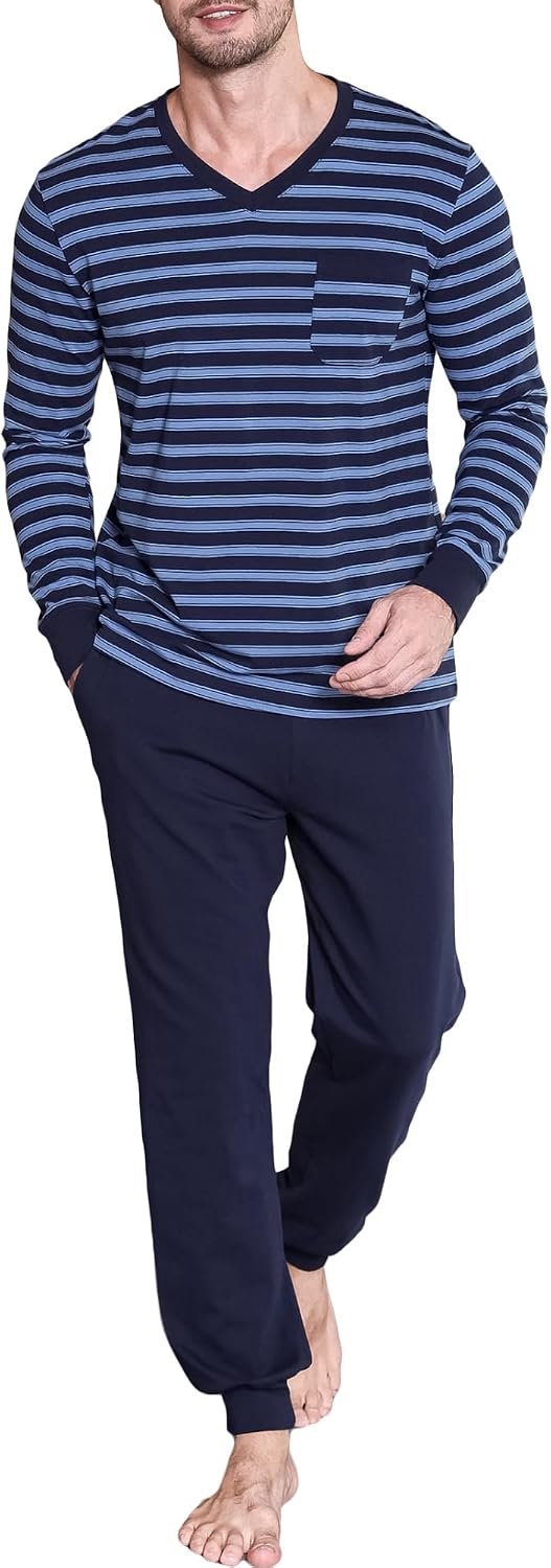 Lange tweedelige pyjamaset, katoen, nachtkleding, lange mouwen, huispak, nachtkleding, nachtkleding met manchetten, V-hals en strependesign