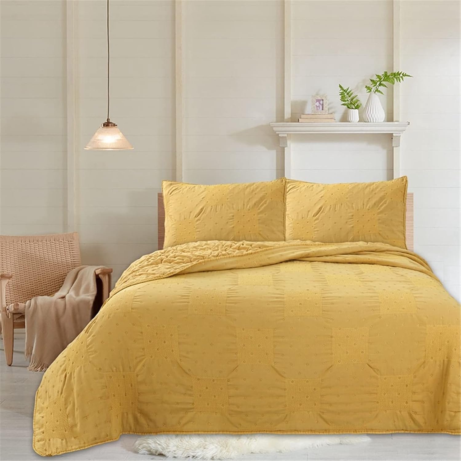 Gewatteerde Sprei Set 3 Stuks Omkeerbare Ademende Dekbedden Zachte Katoenen Dubbele King Quilt met 2 Kussenhoezen, 240x260cm, Geel The New