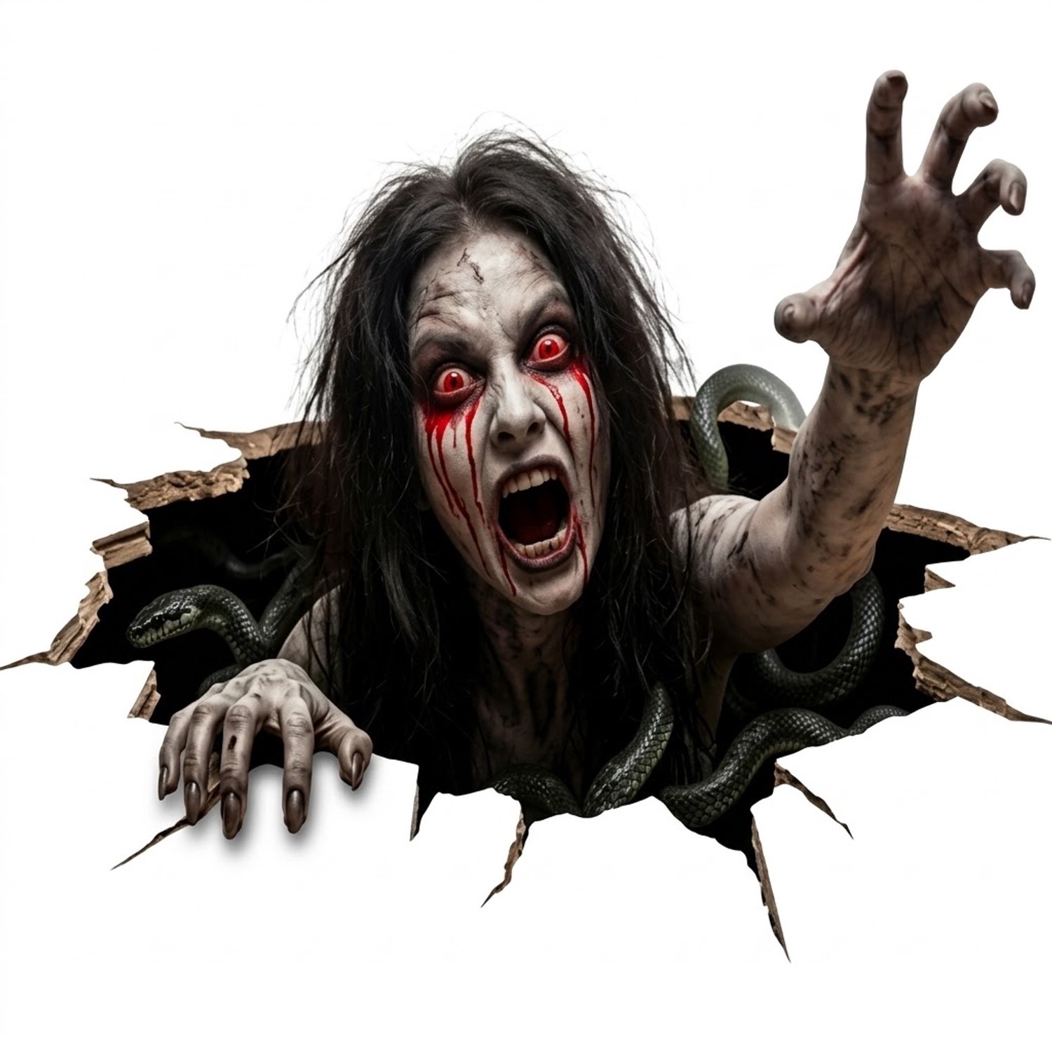 NUVEX Zwart grijs rode Halloween muursticker – enge vrouwelijke geest met slangen en rode ogen – 2D horror sticker met gescheurde muur effect – zelfklevende wanddecoratie – Halloween decoratie