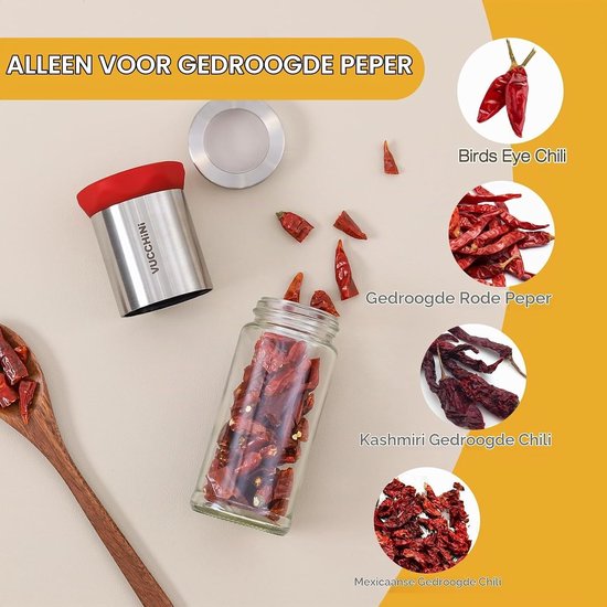 Chili Molen van RVS en Glas, Perfect voor Droge Pepers en Specerijen, Ideaal voor Keukengebruik — afbeelding 2