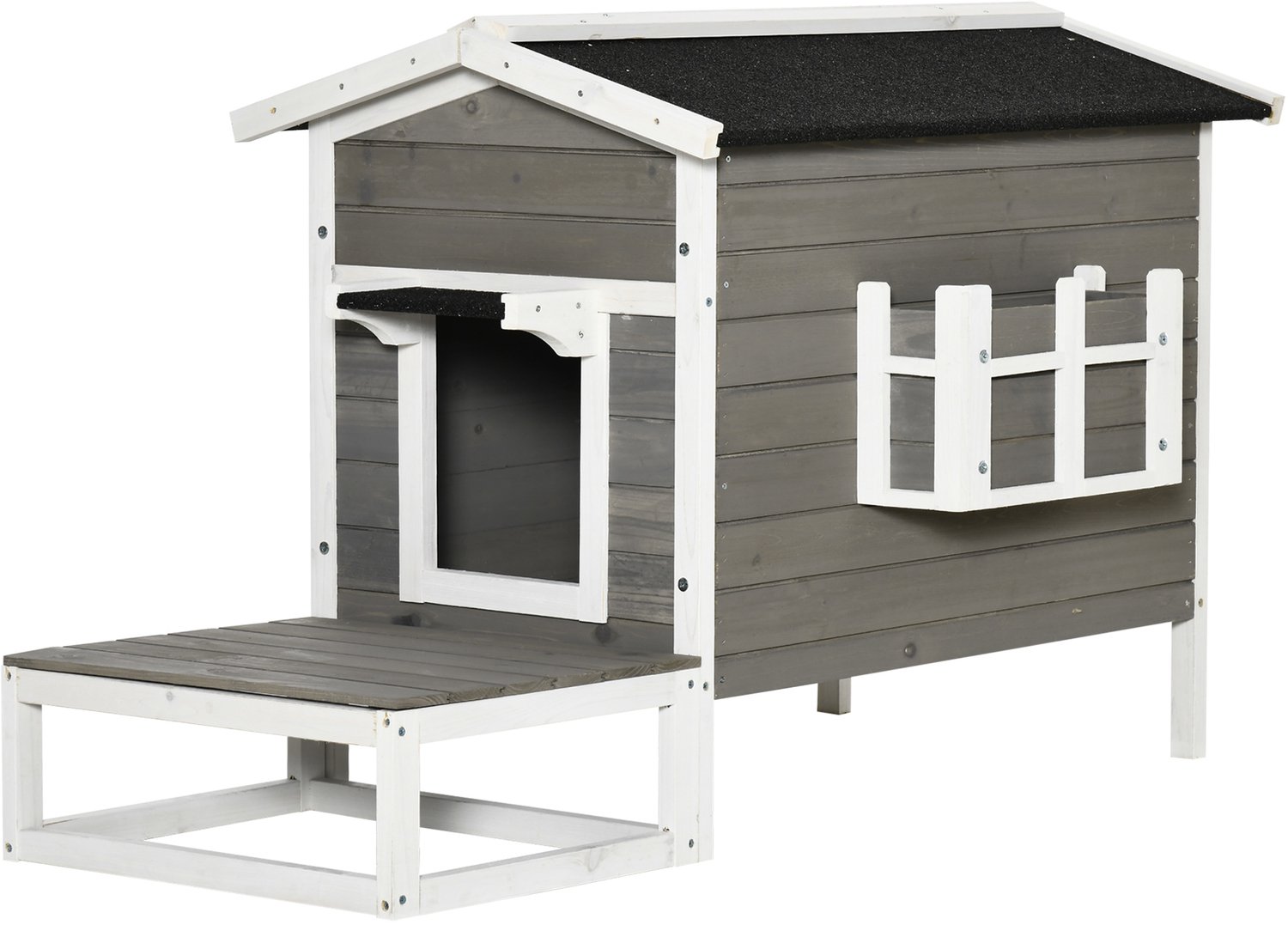 Pawona Kattenhuis met terras en balkon - Van dennenhout - 115 x 66,5 x 74,7 cm - Grijs/Wit