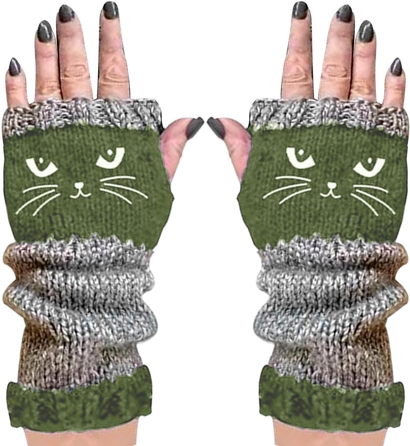 Gebreide Vingerloze Handschoenen Kattenborduurwerk