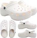 Collage van witte Crocs Classic Platform Clogs: zijaanzicht, voorkant en bovenkant.