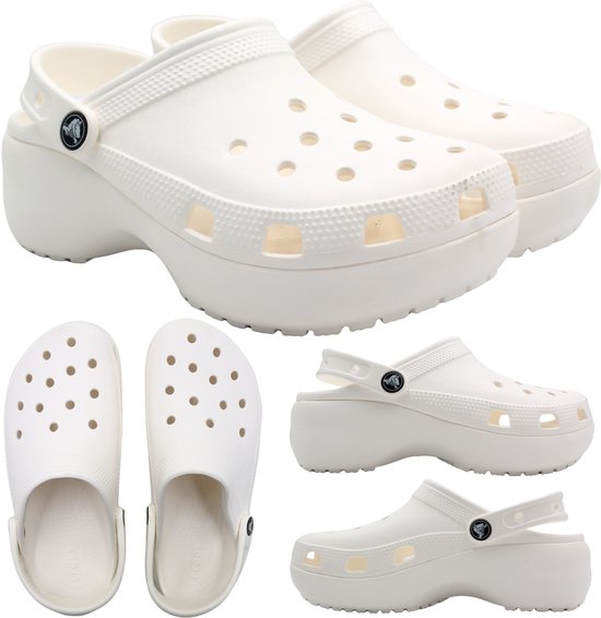Collage van witte Crocs Classic Platform Clogs: zijaanzicht, voorkant en bovenkant.