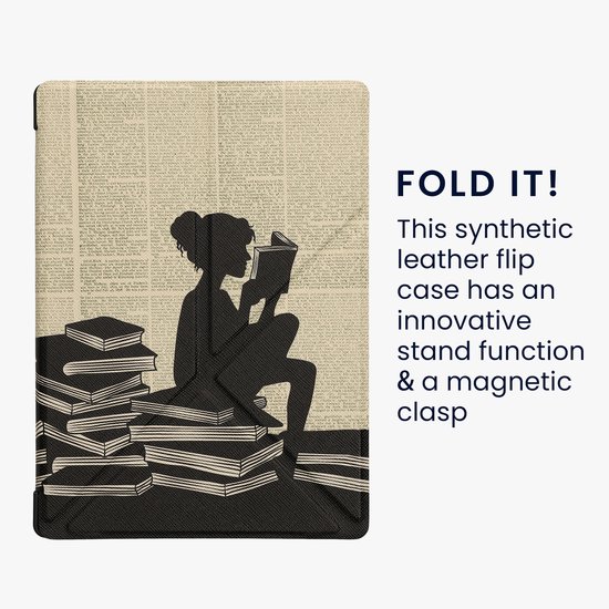 kwmobile e-reader hoesje geschikt voor Kobo Aura H2O Edition 1 hoes - Ereader flip case met standaard - E reader cover van kunstleer - In zwart / beige — afbeelding 4
