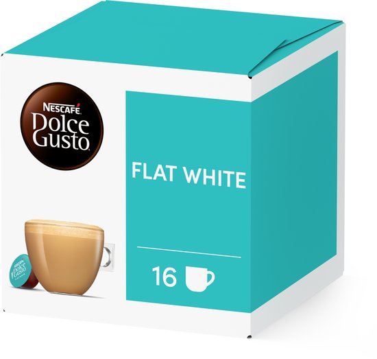 NESCAFÉ Dolce Gusto Flat White verpakking met een mok koffie en 16 cups.