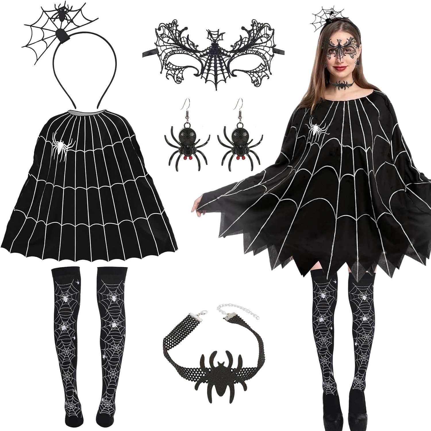 Halloween kostuum voor vrouwen met spin, creepy haarband en accessoires voor een griezelig feest