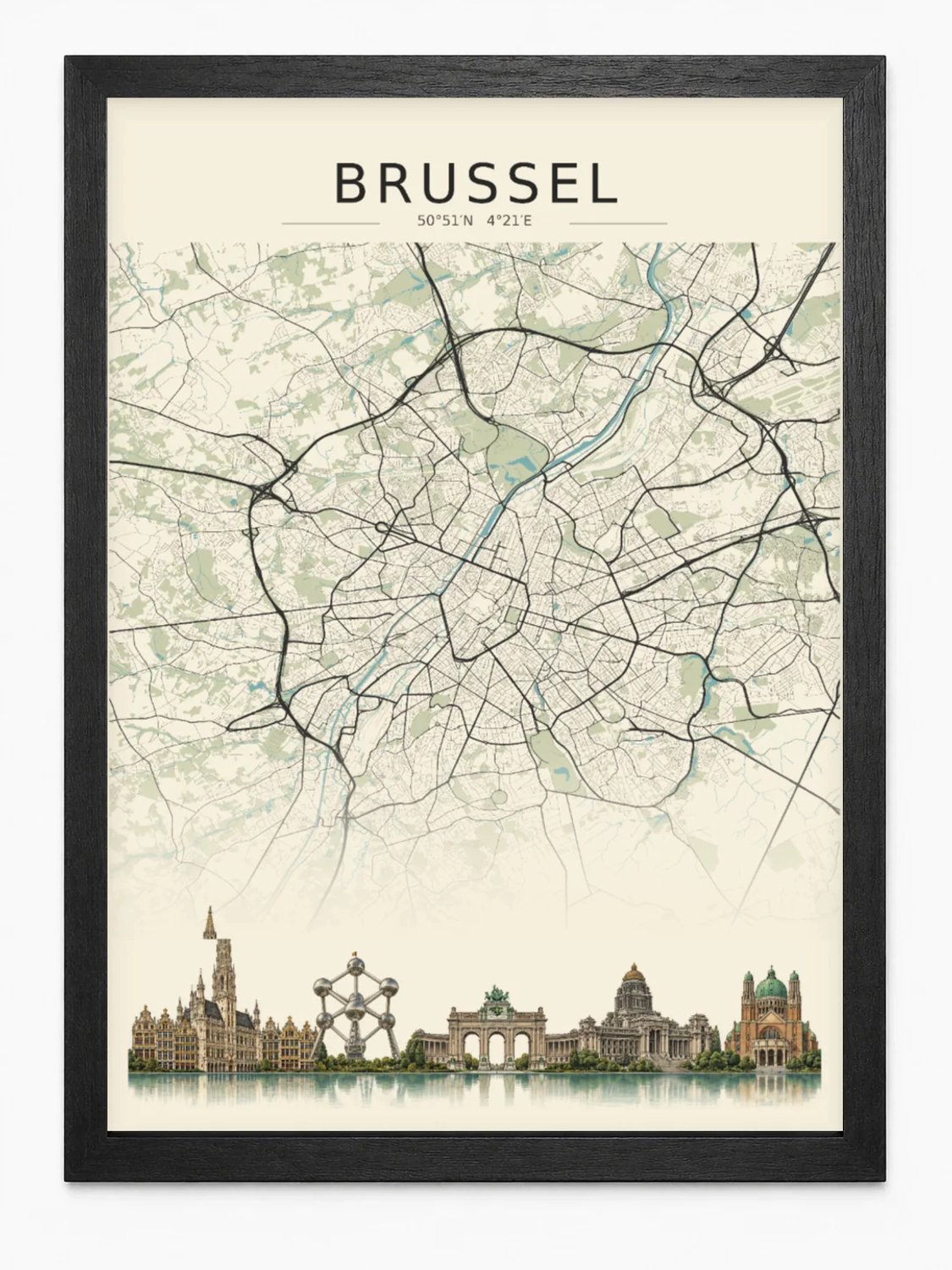 Brussel Poster | Stadskaart met Skyline | Stadsposter | Inclusief Zwarte A3 Lijst