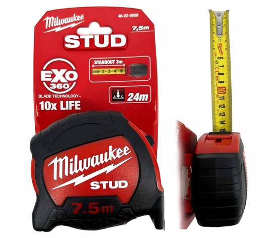 Milwaukee STUD rolmaat van 7,5 meter in rood-zwarte behuizing op verpakking.