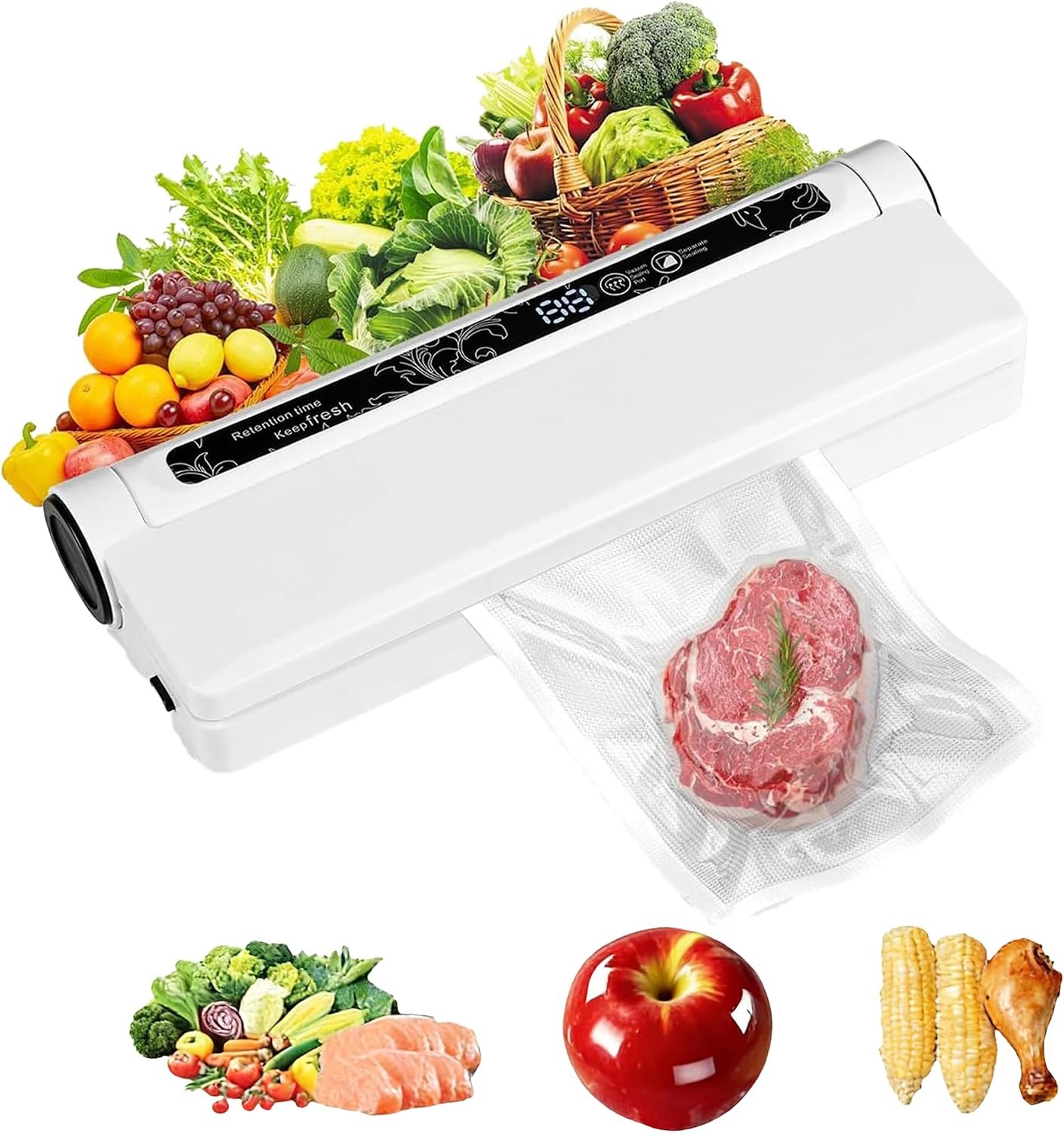 Vacuümmachine, krachtige zuigkracht van 75 kPa voor droge en natte etenswaren, digitale afteltimer, compact ontwerp met ledverlichting, inclusief 20 vacuümzakken, ideaal voor thuisgebruik in de keuken.