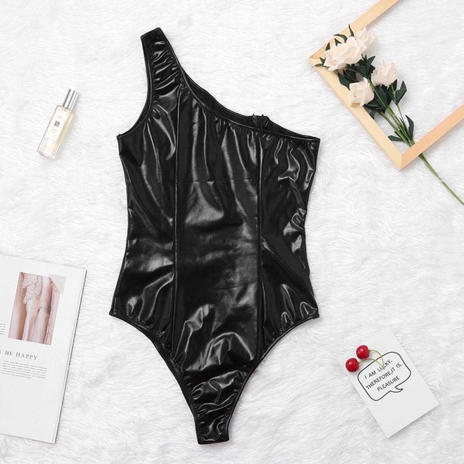 Babydolls, nachtjaponnen & negligés dames Vrouwen Sexy Lingerie Zwarte Wetlook Kunstleer Rits Een schouder Lingerie Bodysuit Porno Sex Kostuums