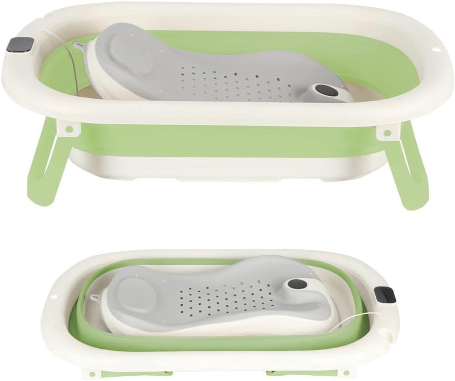 Babybad met badkussen en geïntegreerde thermometer, kinderbad met standaard, van 0 tot 3 jaar, draagbare antislip douchebak (A-groen-43 x 71 x 18,5 cm)
