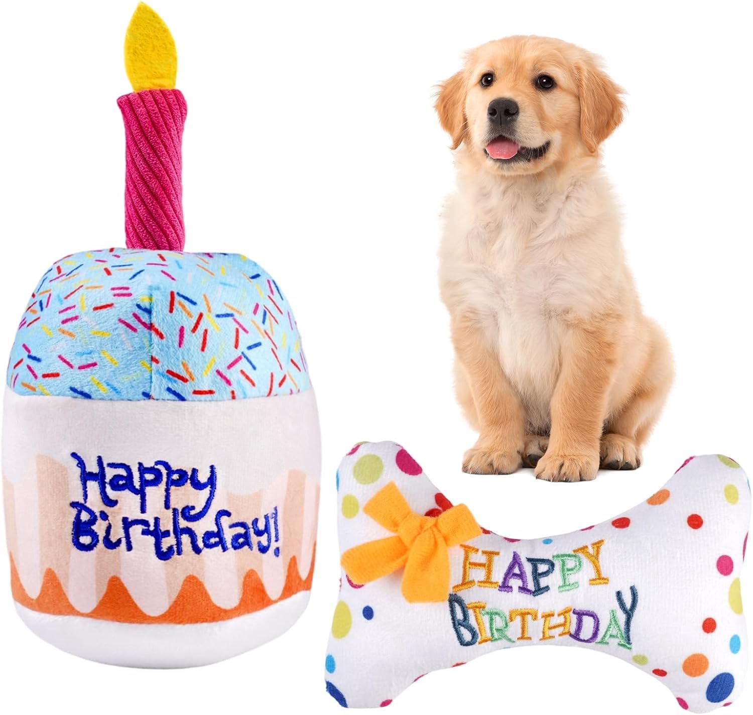 2 stuks hondenverjaardagsspeelgoedset, hondenspeelgoed, verjaardag, hond, zacht, duurzaam pluche dier, een voor kleine en middelgrote honden (cake en botten)