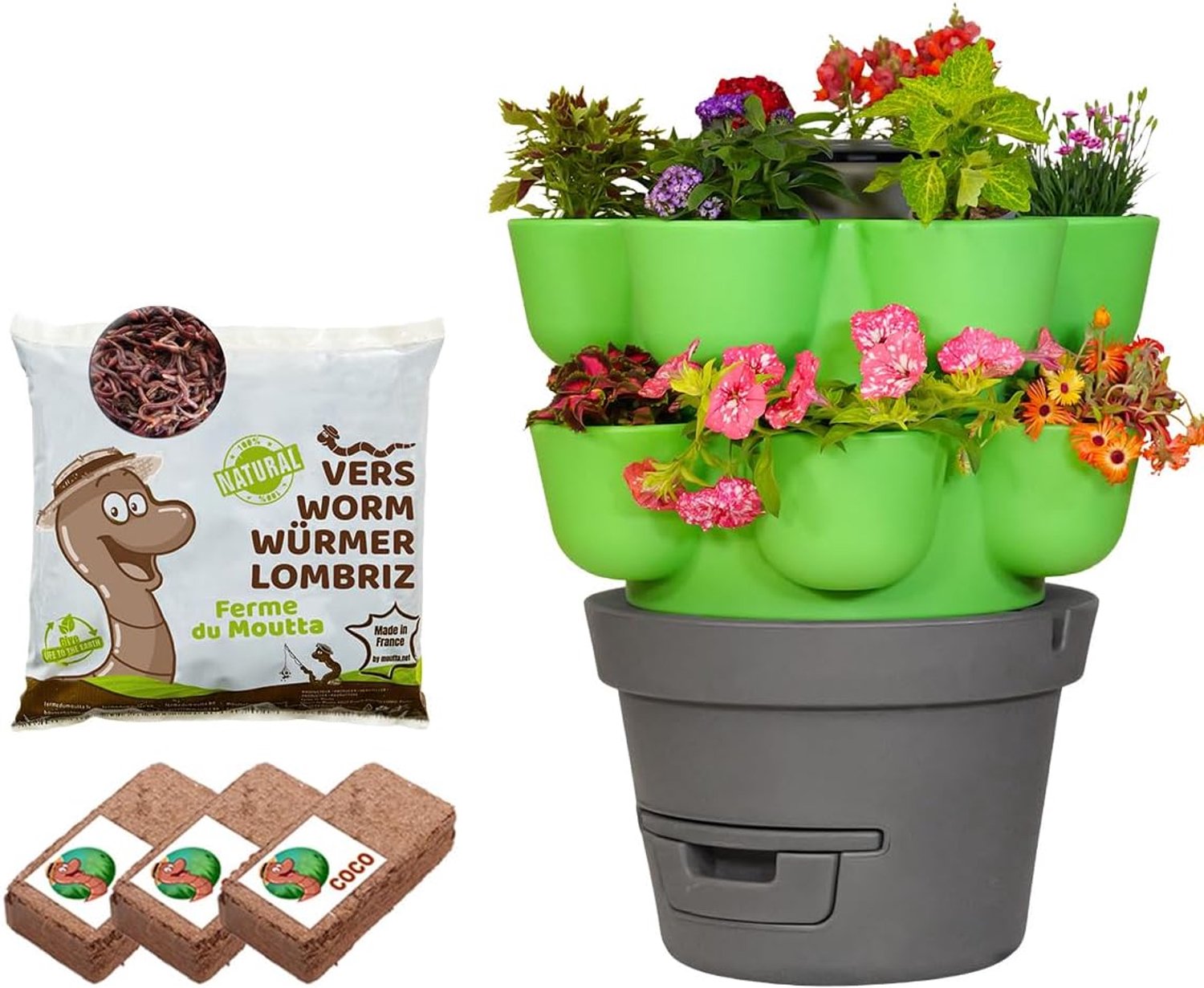 Groen 2 verdiepingen + 250g Compostwormen | Verticale tuin met geïntegreerde wormcomposteerder | Kweek uw groenten en fruit | Creëer uw eigen tuin en recycleer uw afval
