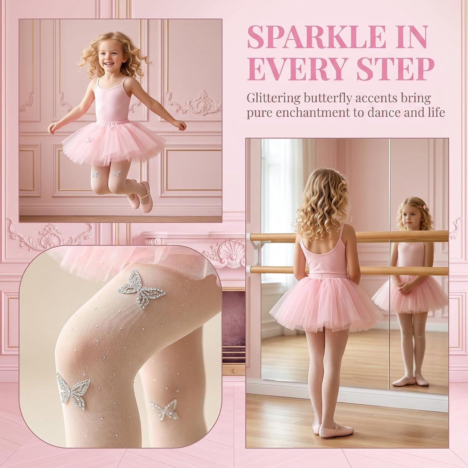 Balletpanty voor meisjes, fijne panty voor meisjes, 100 denier met strass-steentjes in vlindervorm