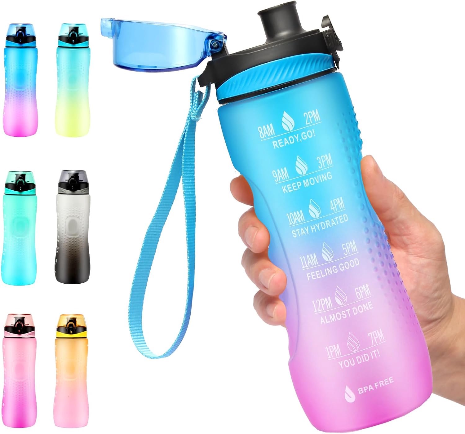 25 oz motiverende waterfles met tijdmarkering, sportwaterfles met draagriem, lekvrij en BPA-vrij, herbruikbaar, voor tieners, volwassenen, buitenshuis, fietsen, school en kantoor