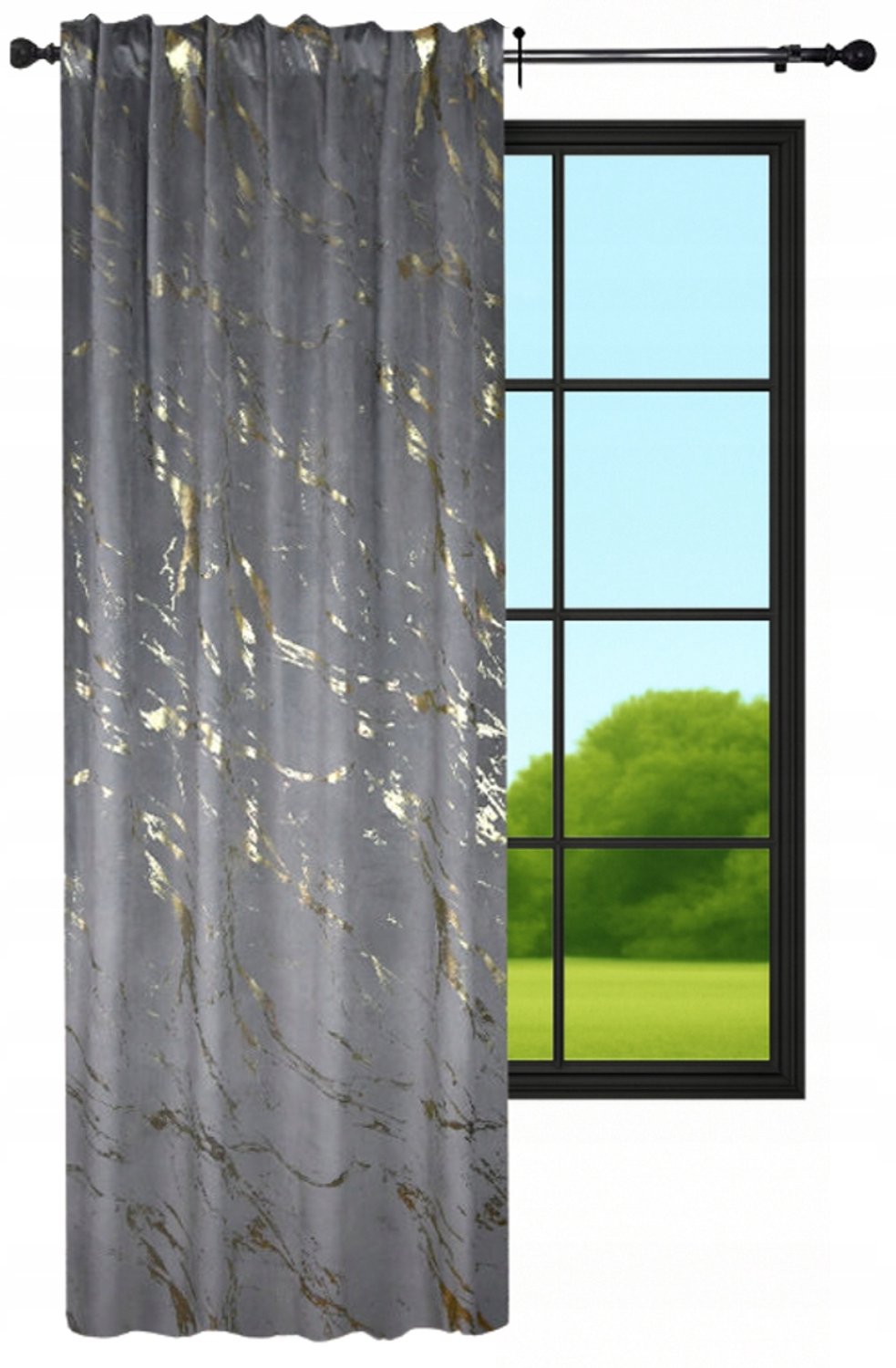 NOW-ART Luxe Velours Gordijn 140x250cm - Marmerlook met Gouden Patroon Donkergrijs met goud