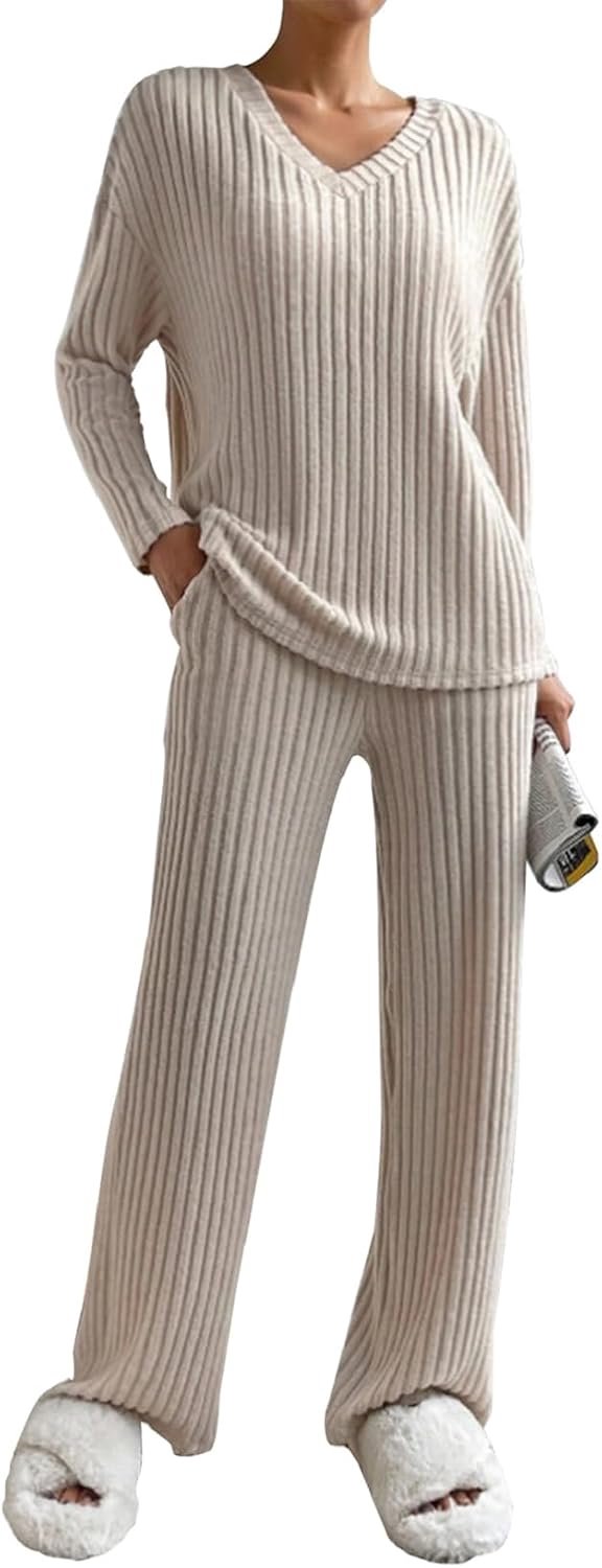 2-delig dames gebreid pak elegante set broek met wijde pijpen en trui korte mouwen ronde hals loungewear set herfst winter