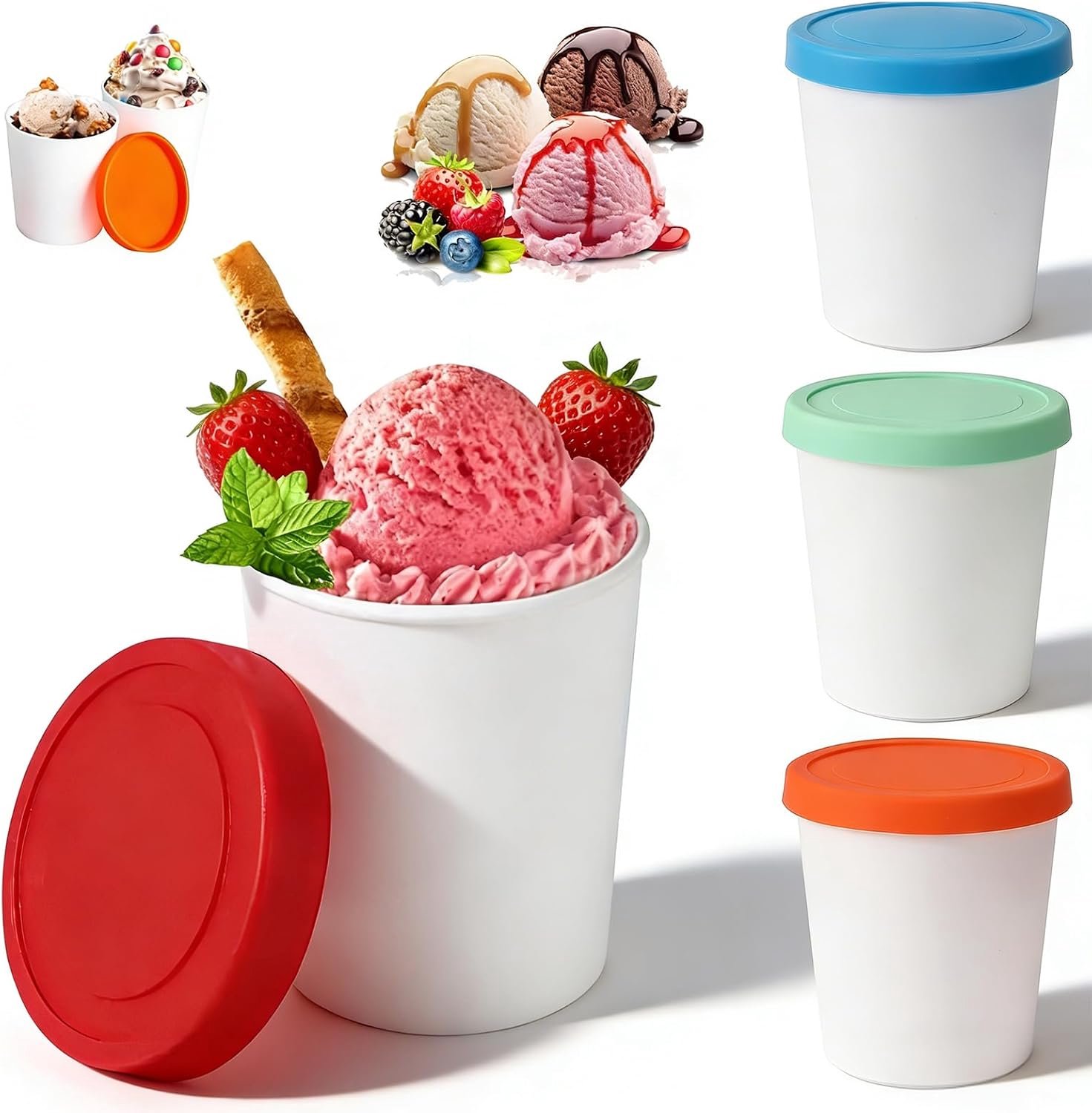 Dessert Schaaltjes - Ijsbeker - Beker - IJshouders voor IJs - Vriesdozen 250 ml - Herbruikbare IJshouders met Siliconen Deksel - Voor Zelfgemaakt IJs, Yoghurt en Desserts - Rood, Oranje, Blauw, Groen - 4 stuks