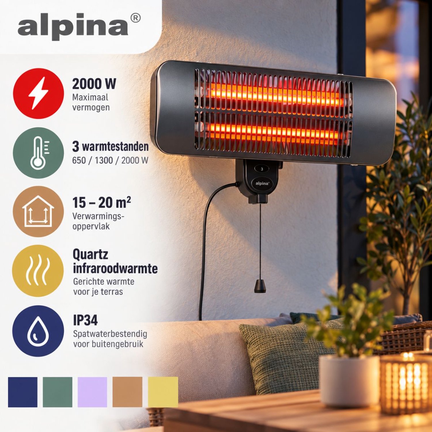 alpina Infrarood Verwarming Hangend - Terras Heater 2000W 3 Warmtestanden - Spatwaterdichte Terrasheater IP34 met Infrarood Paneel - Terrasverwarmer – foto 2