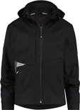 Zwarte DASSY softshell werkjas met capuchon, ritssluiting, opgestikte zakken, reflecterende details en blauwe stiksels.