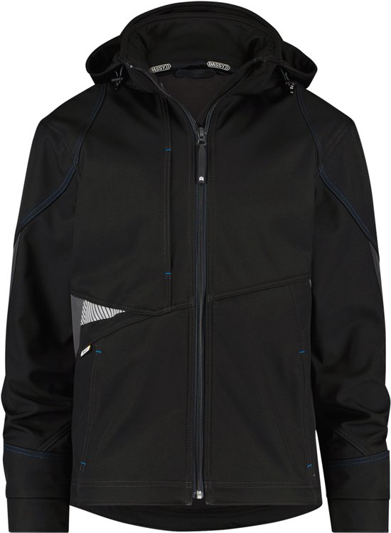 Zwarte DASSY softshell werkjas met capuchon, ritssluiting, opgestikte zakken, reflecterende details en blauwe stiksels.